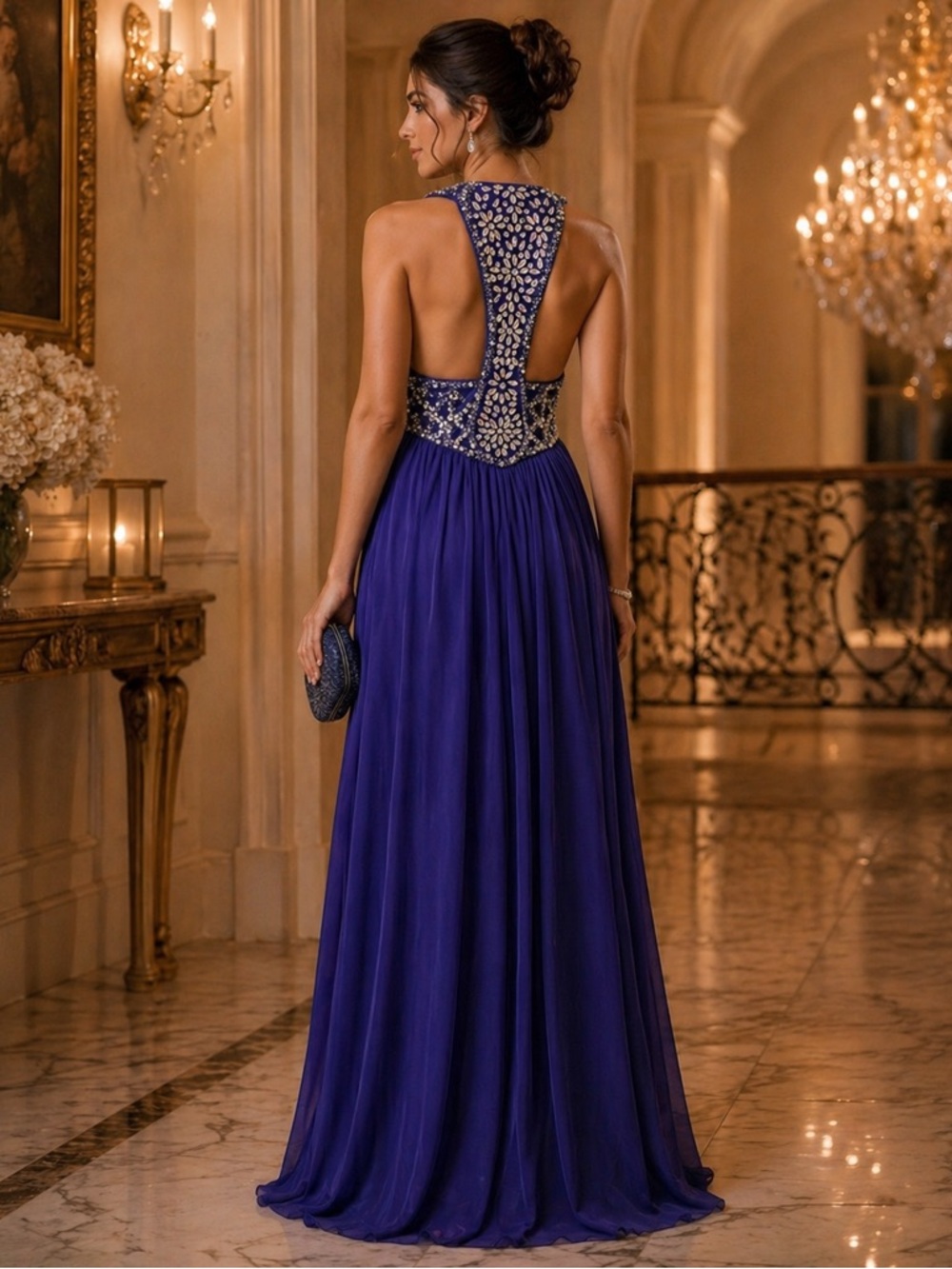 NWT Betsy & Adam Size 4 Purple Formal Gown – Jeweled Open Back Evening Dress ✨